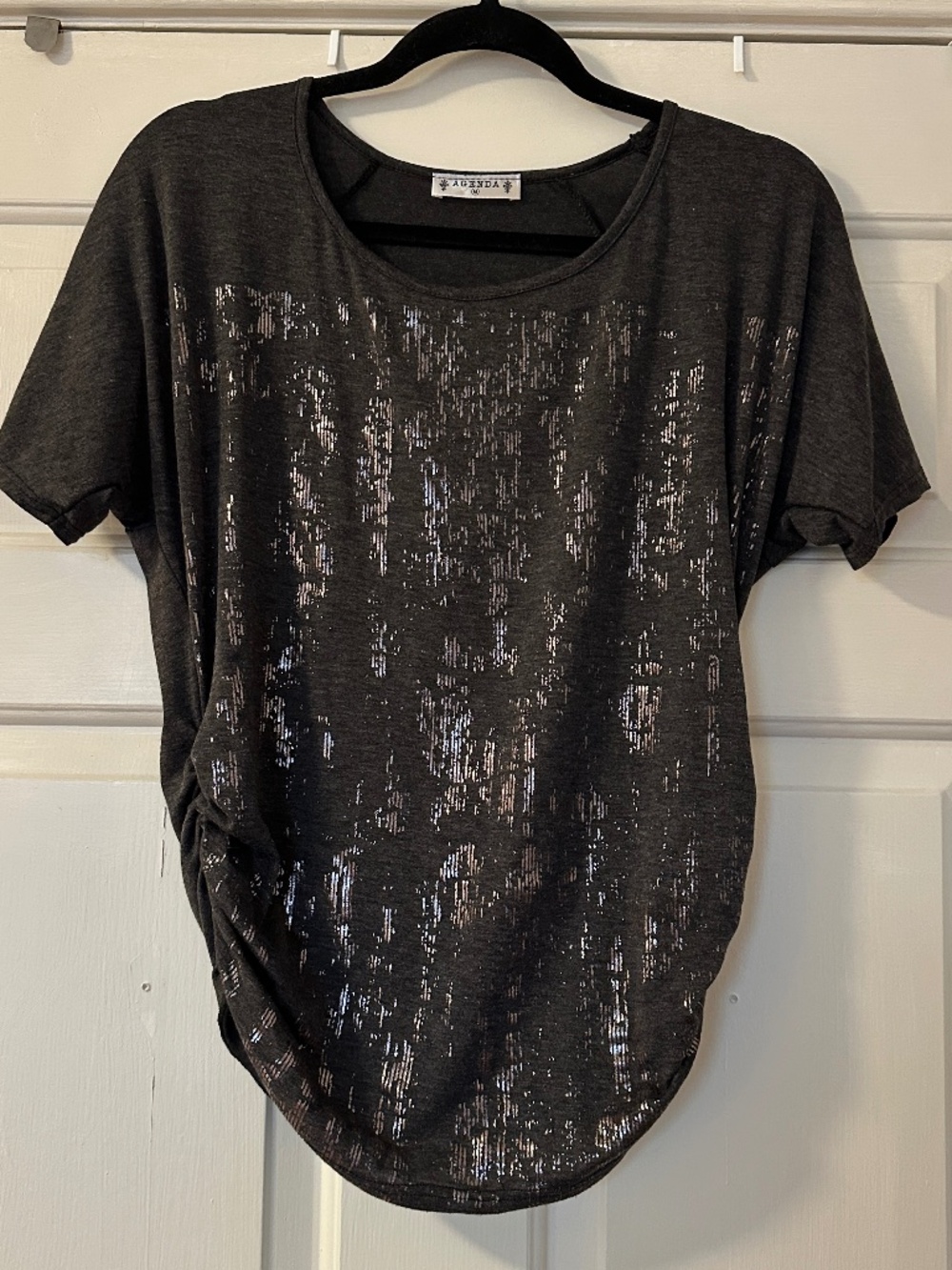 Agenda Women's Medium Gray Metallic Short Sleeve Top Ruched Blouse Y2K Grunge